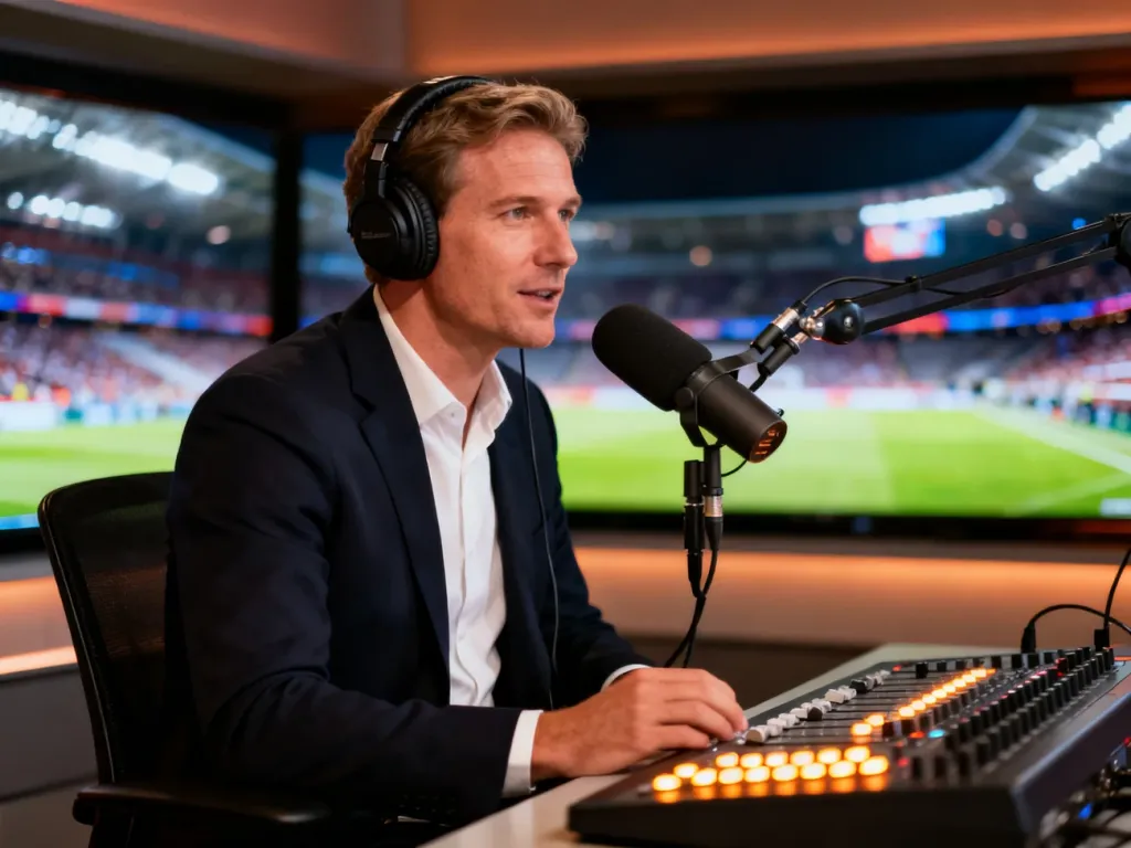Polski komentator sportowy w profesjonalnym studiu radiowym, mówiący do mikrofonu podczas relacji z meczu.