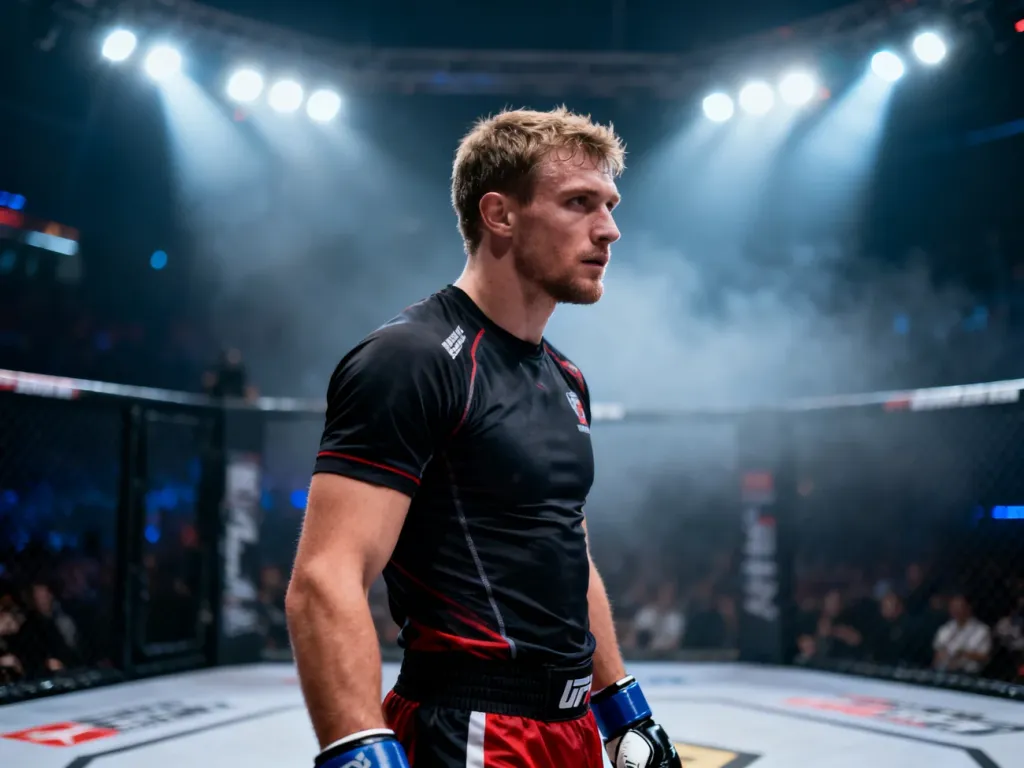 Skupiony zawodnik MMA w profesjonalnym oktagonie podczas gali UFC, gotowy do walki w świetle reflektorów areny.