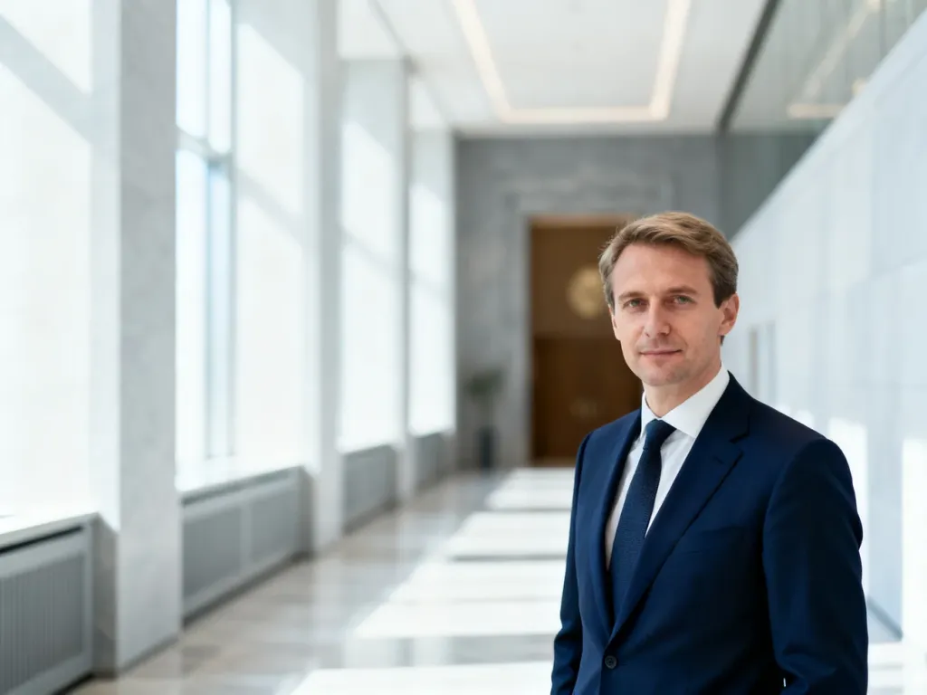 Polski polityk w garniturze stojący w nowoczesnym korytarzu parlamentarnym. Profesjonalny portret w oficjalnym otoczeniu.