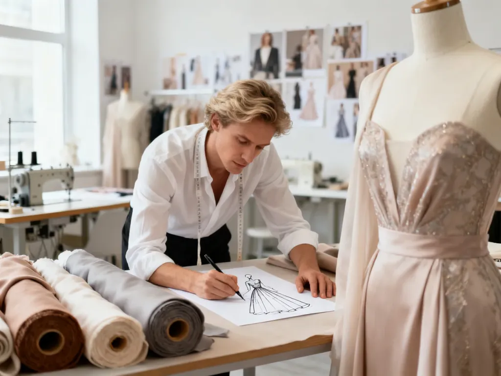 Projektant mody szkicujący projekt sukni w nowoczesnym atelier w otoczeniu tkanin i manekina.