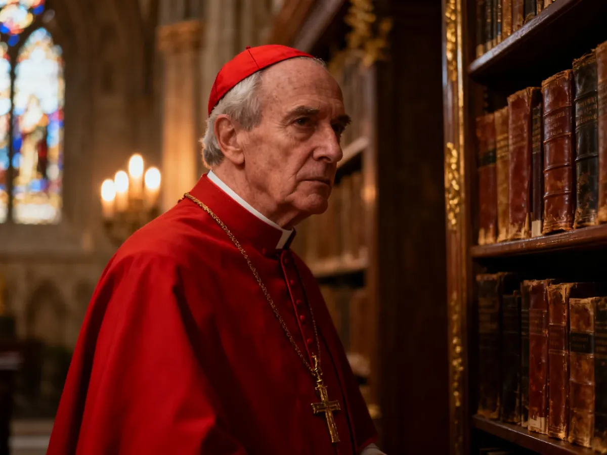 Starszy kardynał w tradycyjnym stroju liturgicznym, stojący w nastrojowym wnętrzu zabytkowej biblioteki katedralnej.