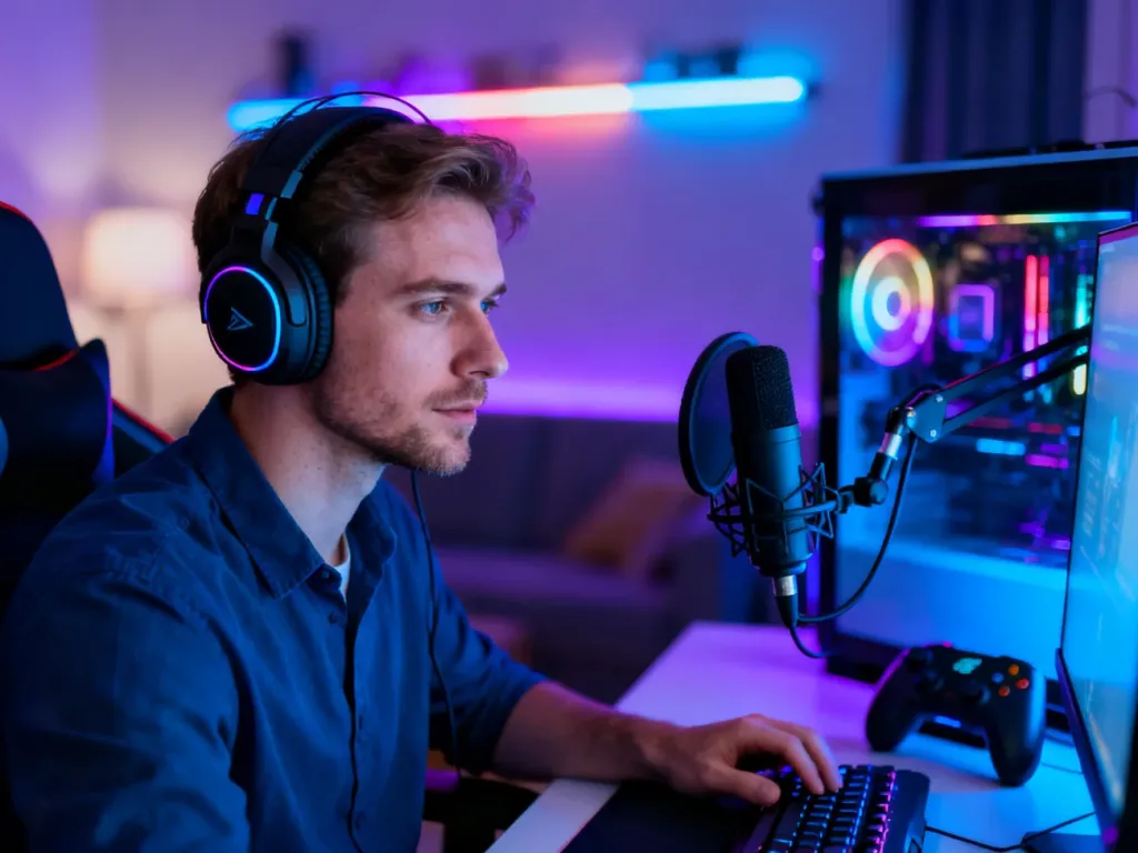 Streamer w profesjonalnym domowym studiu z oświetleniem RGB, skupiony na pracy przy monitorze.